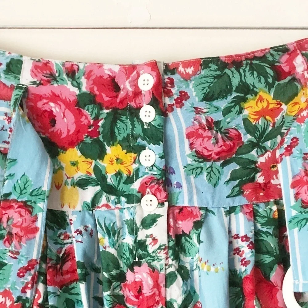 Vintage 90s Prairie Cottagecore Floral Striped Rayon Midi Skirt Belted Size 10